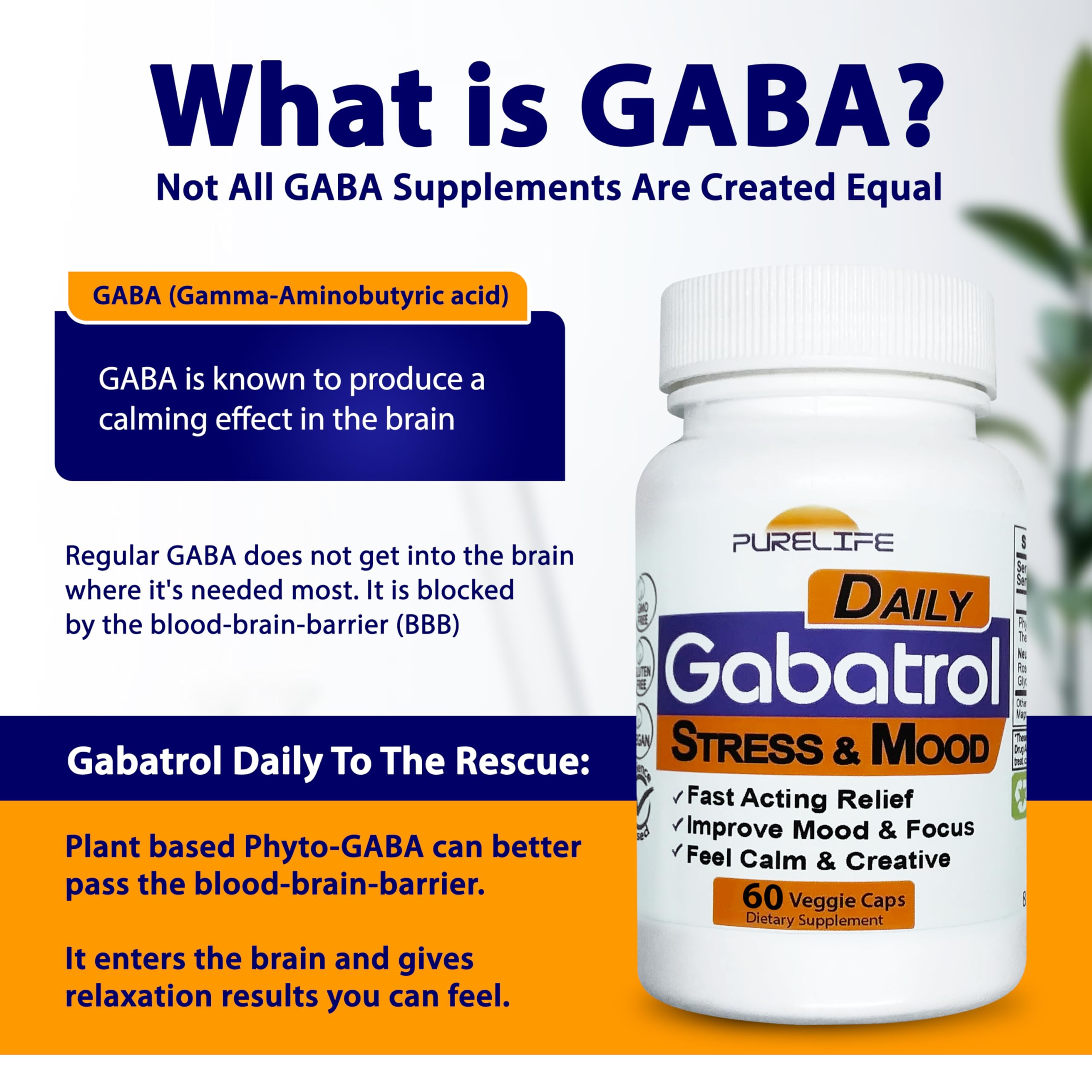 PureLife Supplements Gabatrol ingredientes en polvo y plantas que ilustran origen vegetal