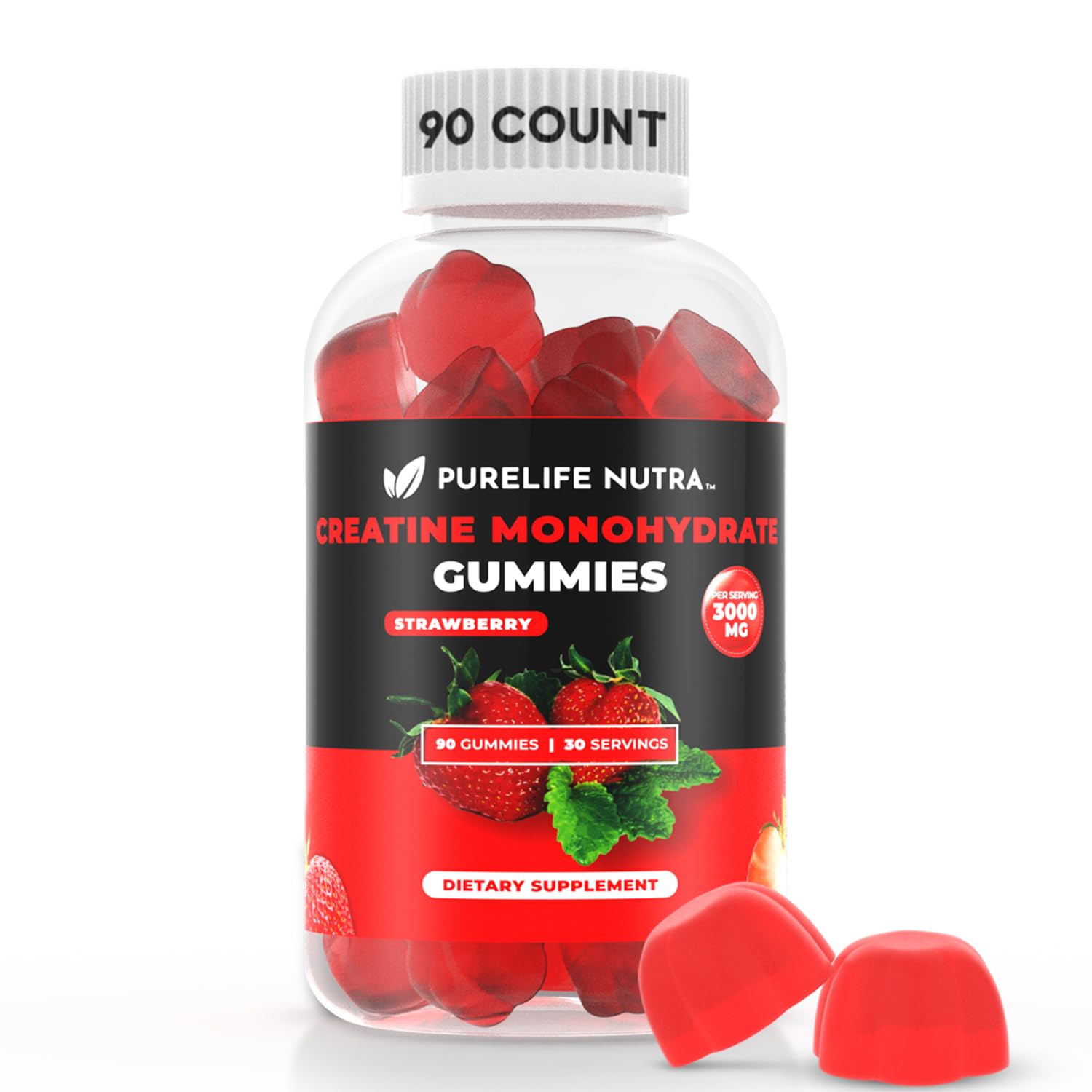 PureLife Nutra bote frontal con 90 gomitas sabor fresa y beneficio de conveniencia