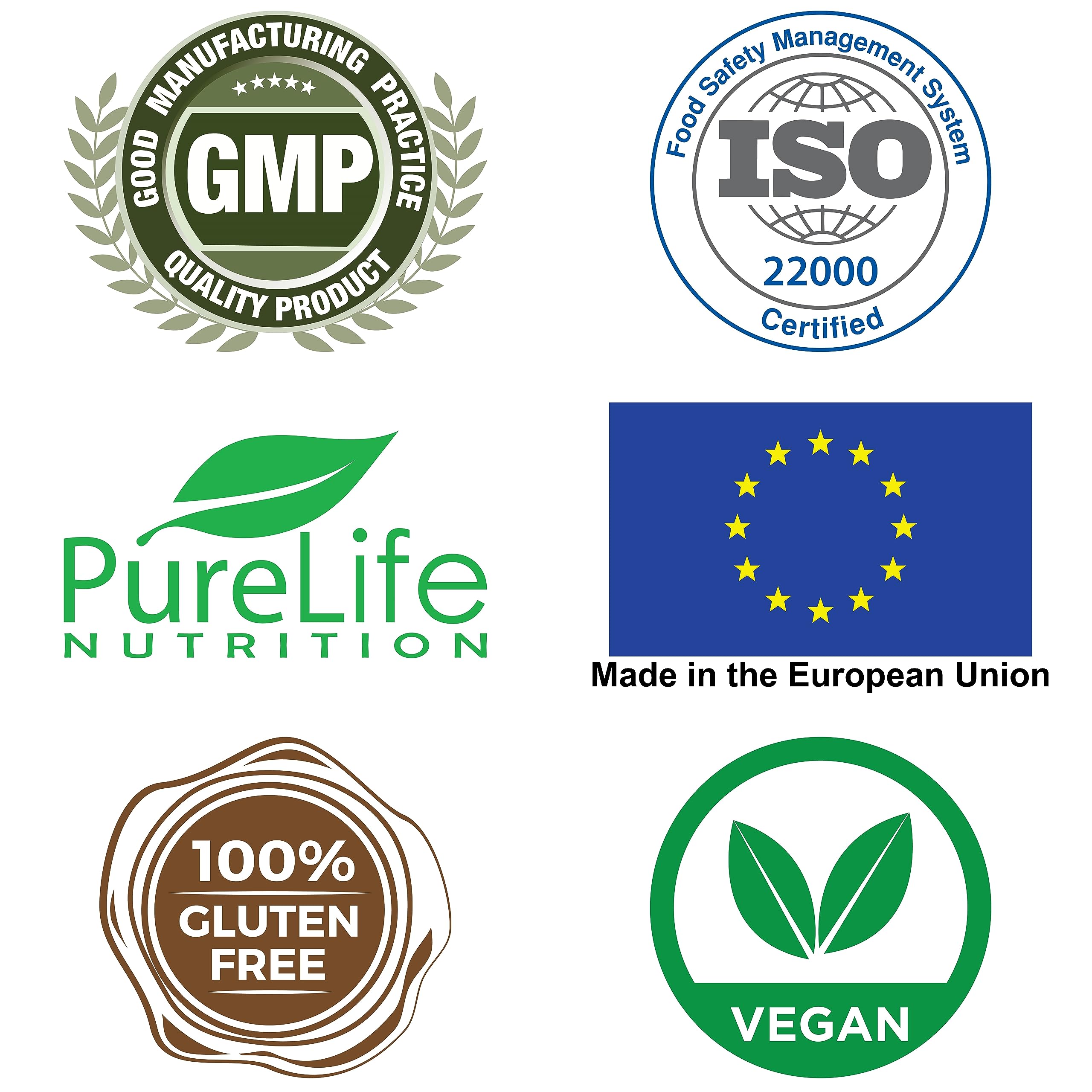 PureLife Nutrition etiqueta con dosis y sellos GMP, garantía de calidad