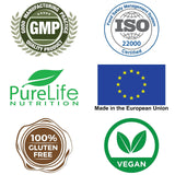 PureLife Nutrition etiqueta con dosis y sellos GMP, garantía de calidad