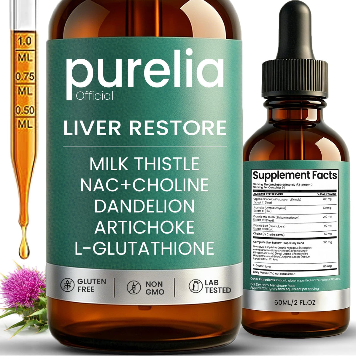 Purelia Official frente del envase mostrando la botella y beneficios claros
