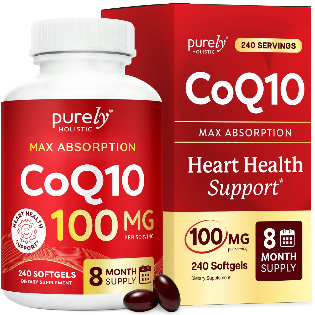 Purely Holistic frente del empaque mostrando 240 softgels y duración de 8 meses