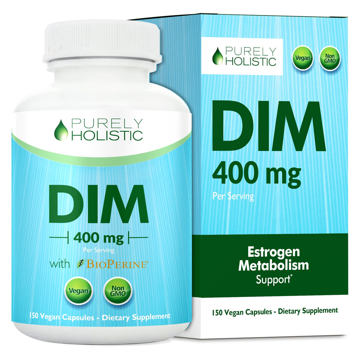 Purely Holistic frasco frente mostrando 150 cápsulas y duración cinco meses
