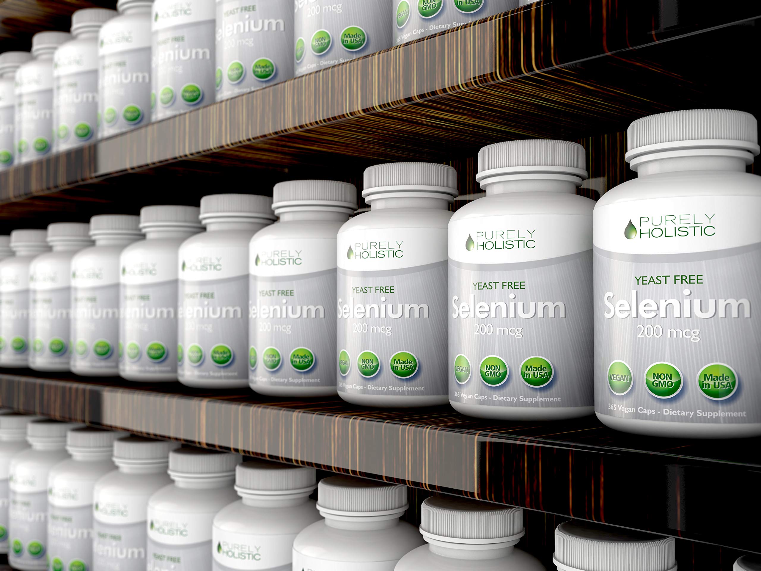 Purely Holistic etiqueta con información de 200 mcg por cápsula y fabricación en EE. UU.