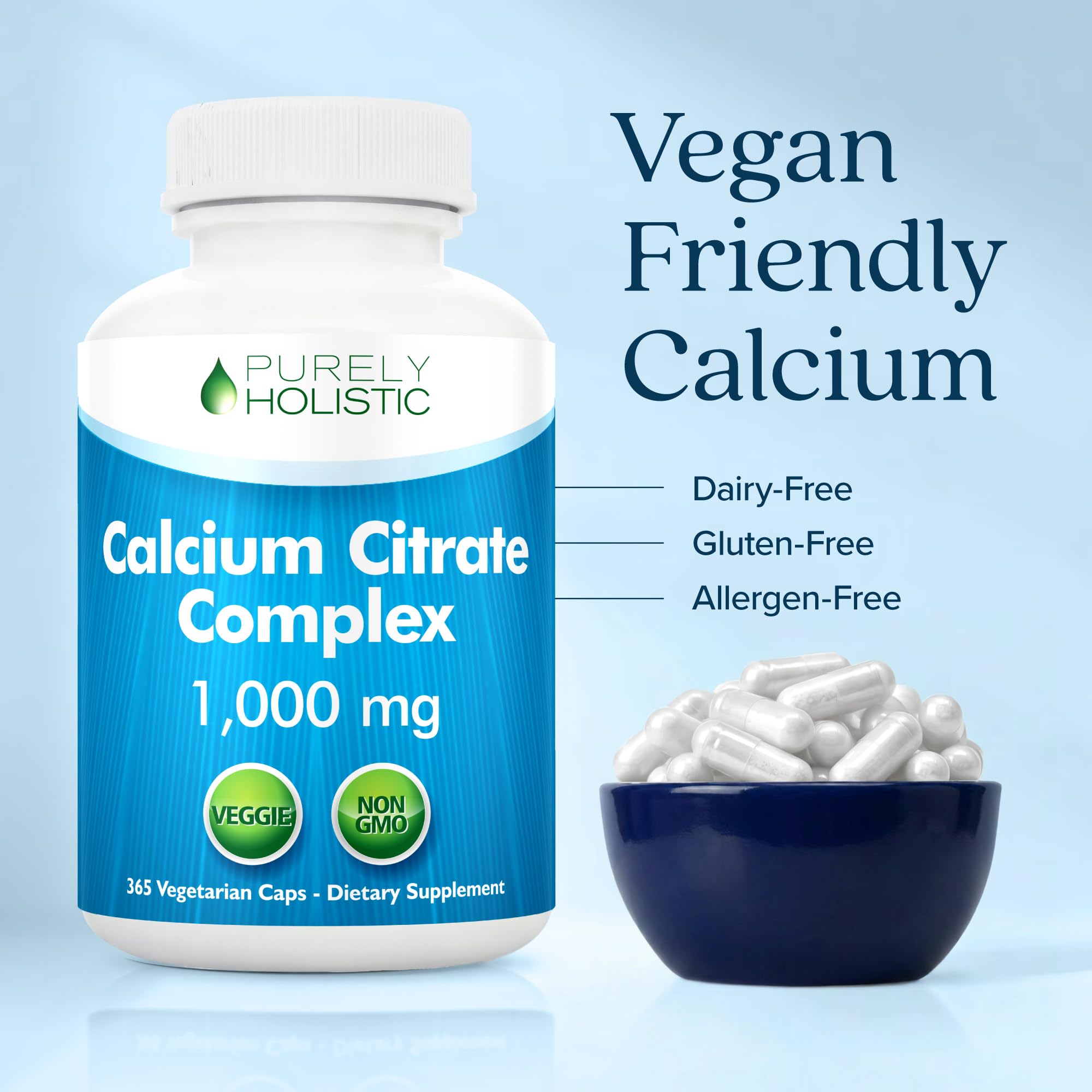 Purely Holistic etiqueta nutricional legible con información del calcio y D3