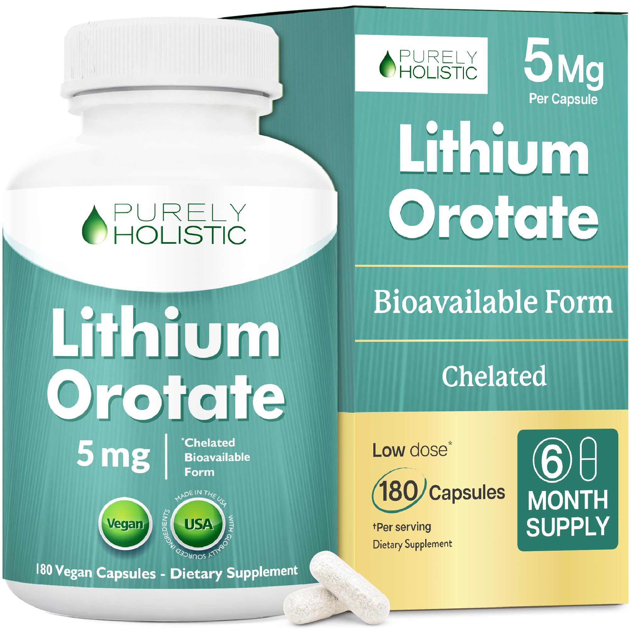 Purely Holistic frasco frontal mostrando 180 cápsulas y etiqueta clara