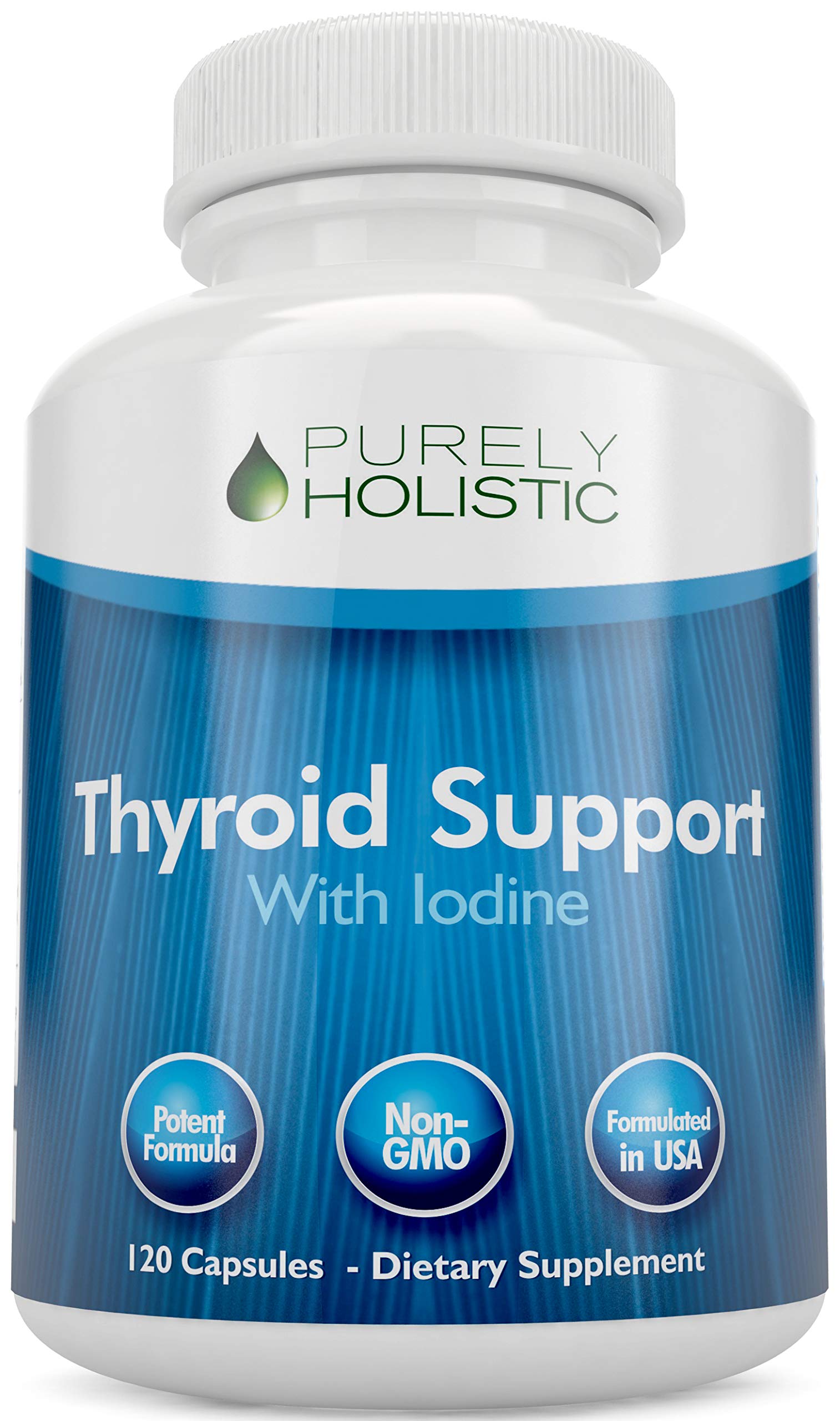 Purely Holistic frasco frontal mostrando la etiqueta y beneficio de apoyo tiroideo
