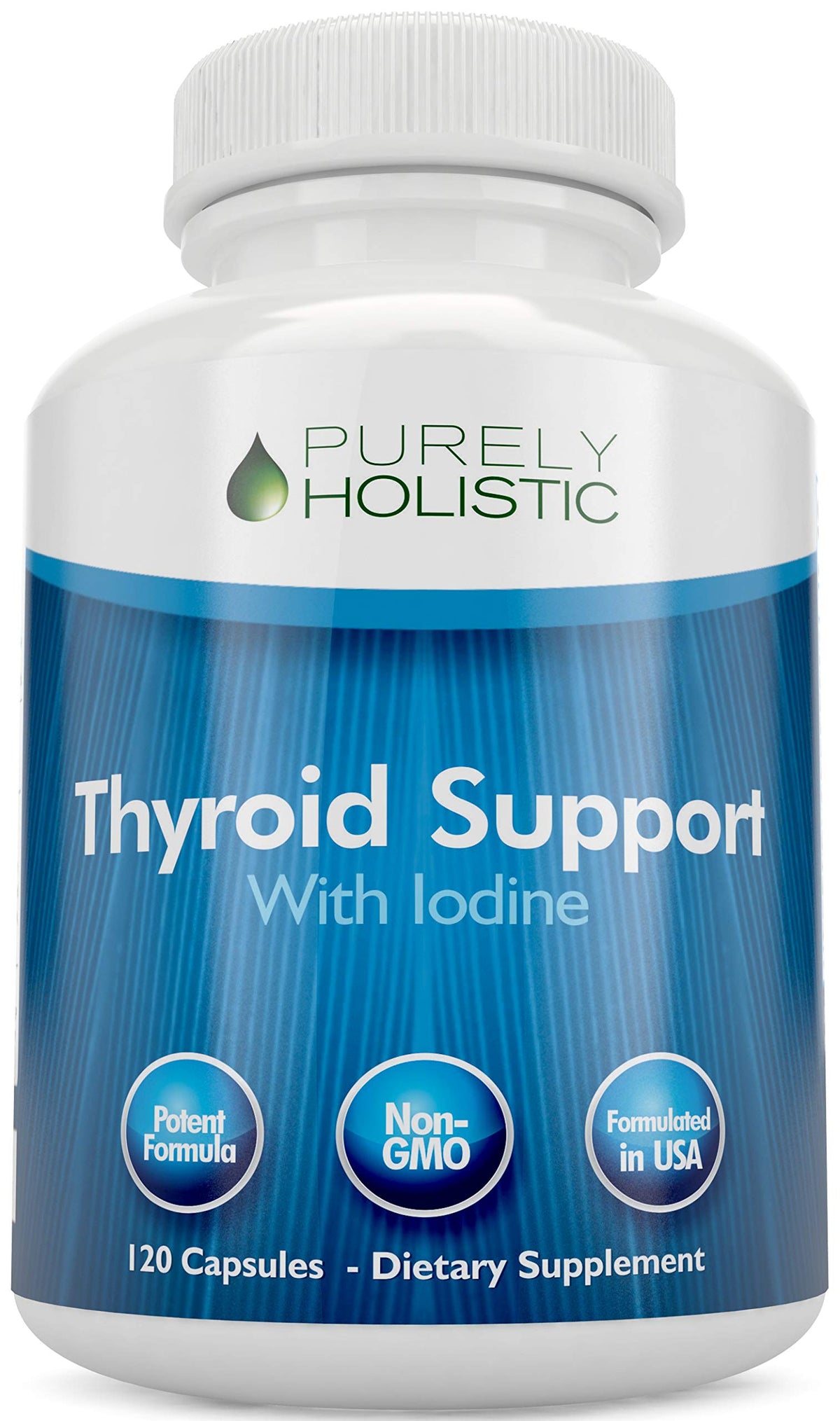Purely Holistic frasco frontal mostrando la etiqueta y beneficio de apoyo tiroideo