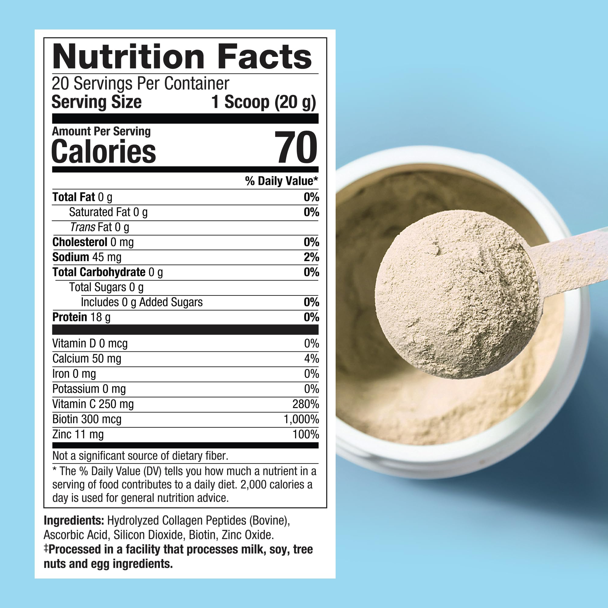 Purely Inspired etiqueta nutricional destacando colágeno, proteína y biotina