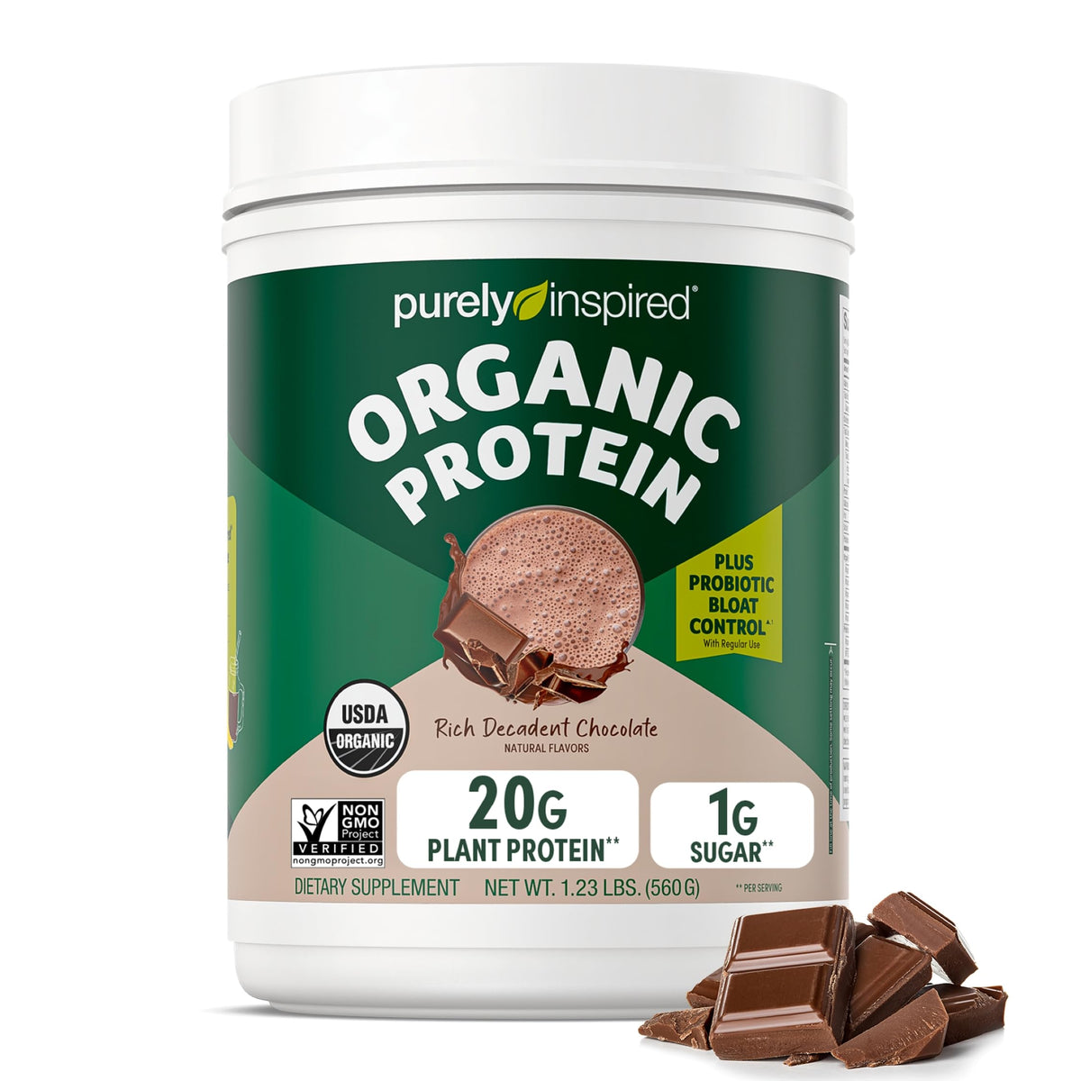 Purely Inspired frente del envase mostrando sabor chocolate y beneficios