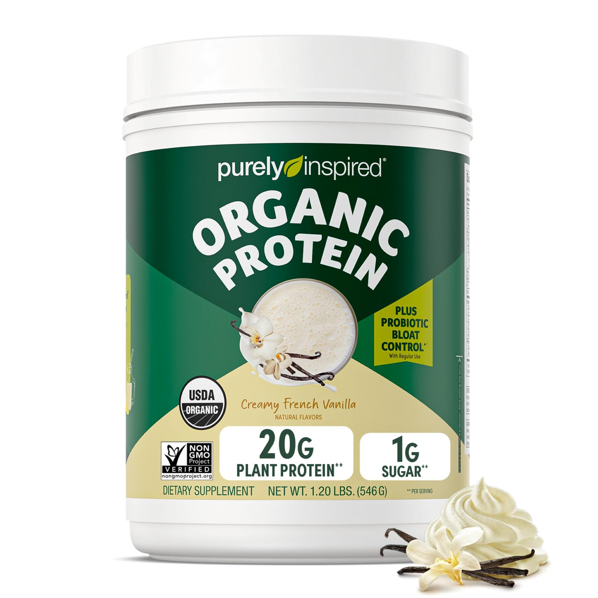 Purely Inspired envase frontal mostrando etiqueta y beneficio proteico