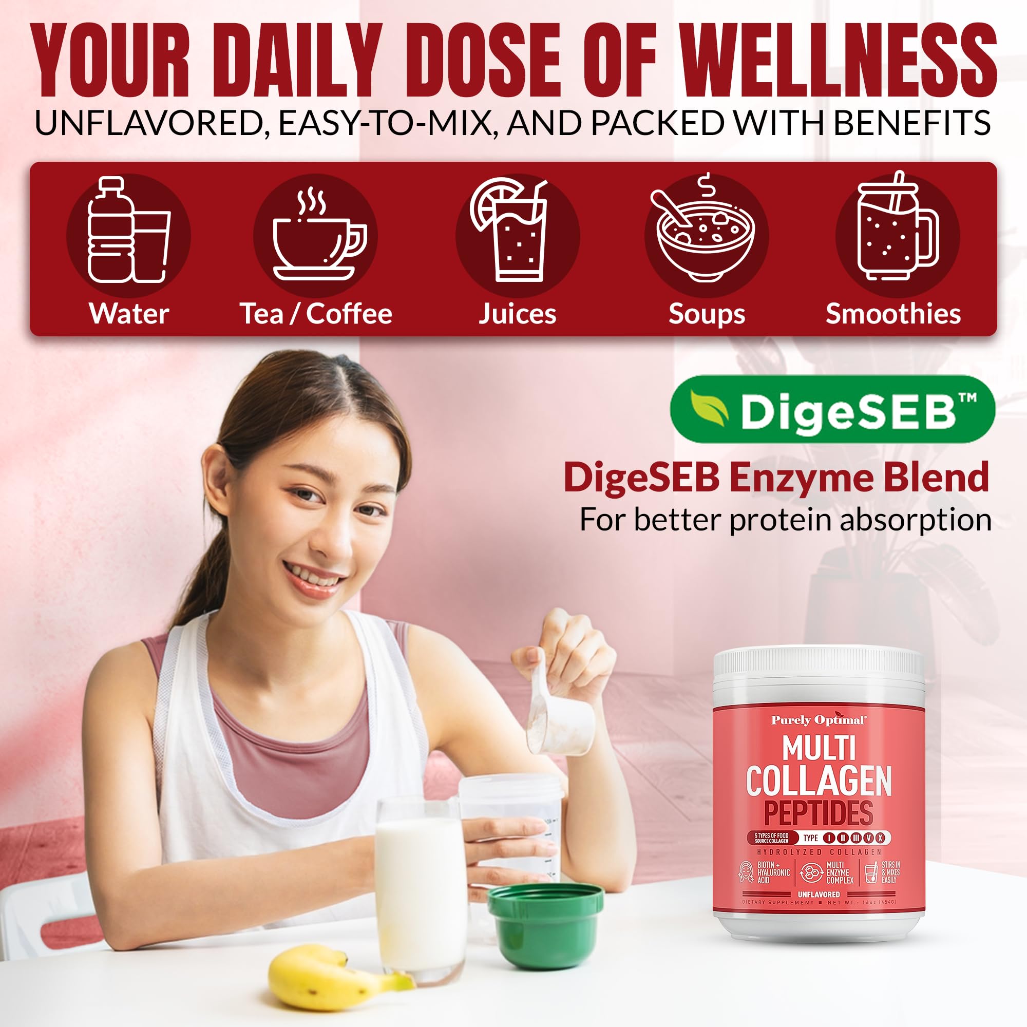 Purely Optimal etiqueta nutricional destacando tipos de colágeno y cofactores