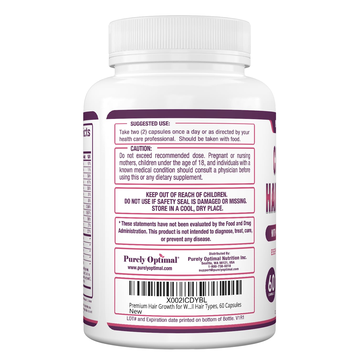 Purely Optimal etiqueta nutricional legible que muestra dosis de biotina y MSM