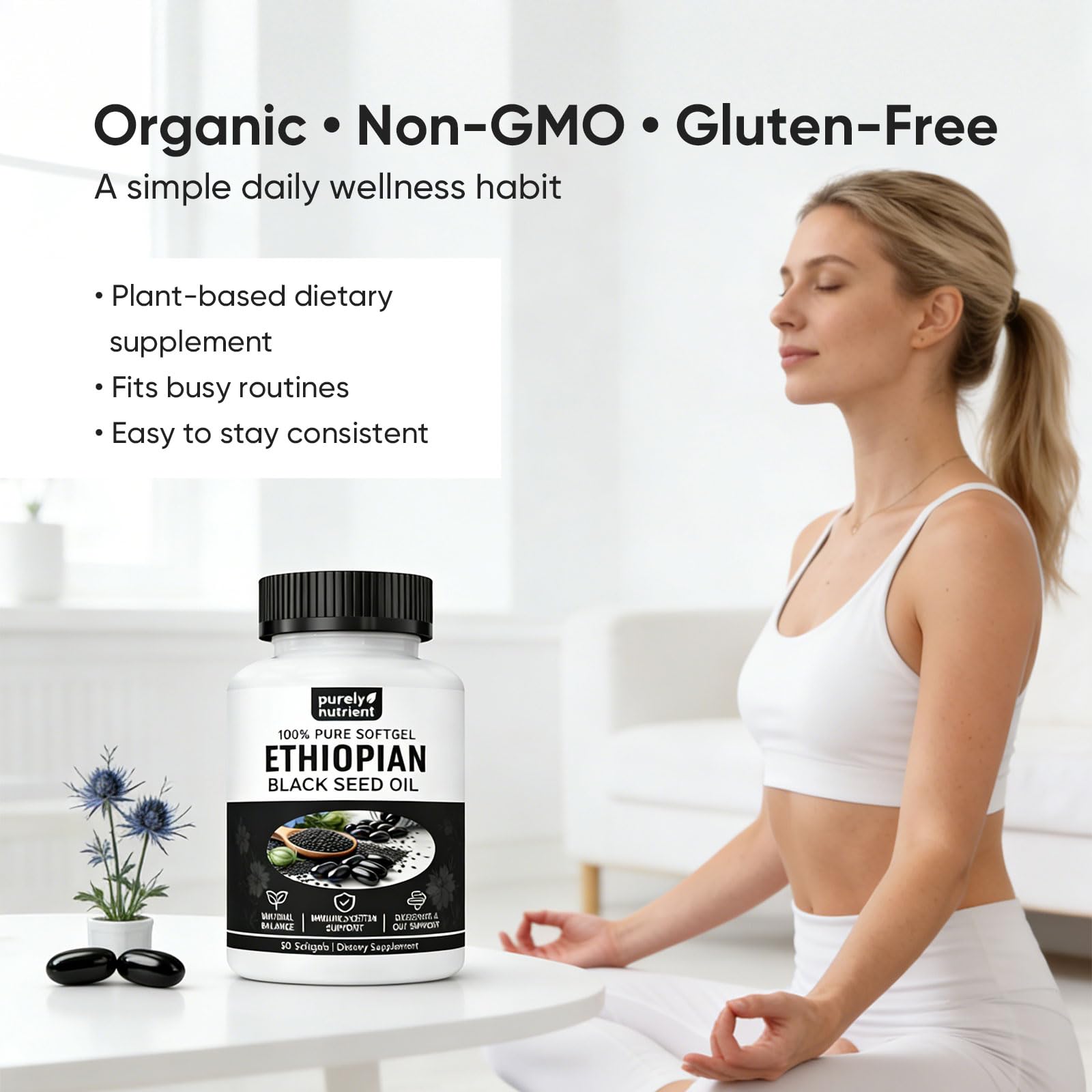 PURELYNUTRIENT escena de rutina diaria integrando las softgels fácilmente