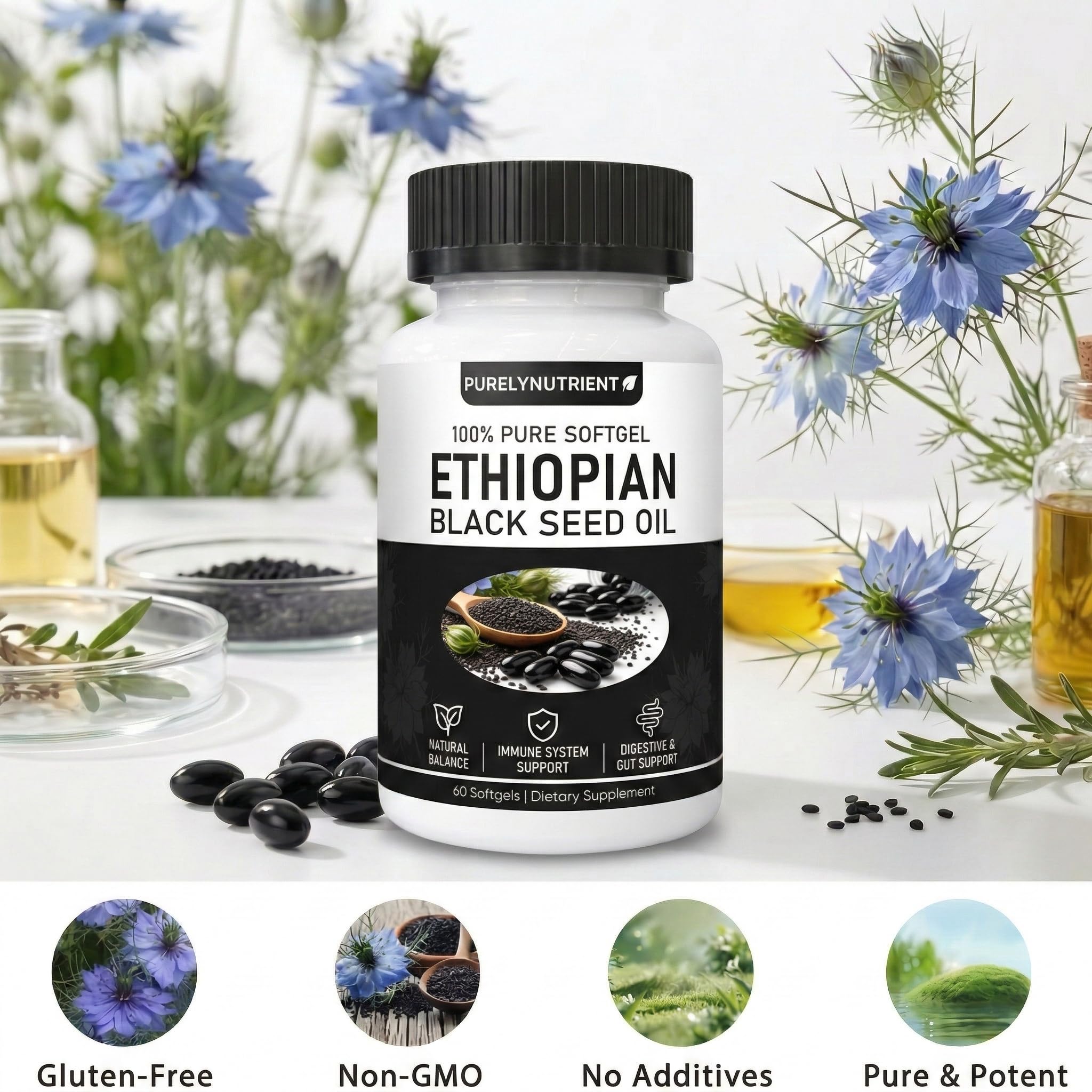 PURELYNUTRIENT etiqueta que muestra 4.64% timolquinona y datos clave