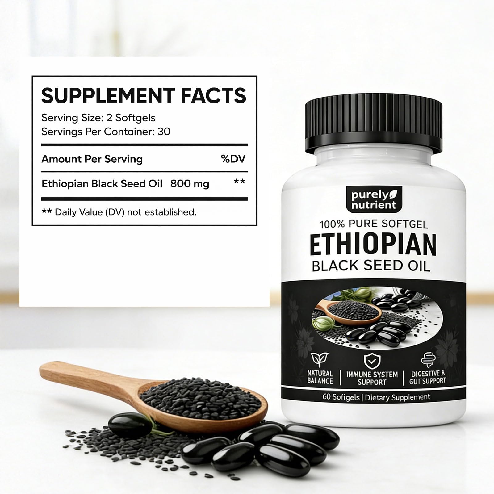 PURELYNUTRIENT detalle de la etiqueta con 4,64% timohinona y transparencia