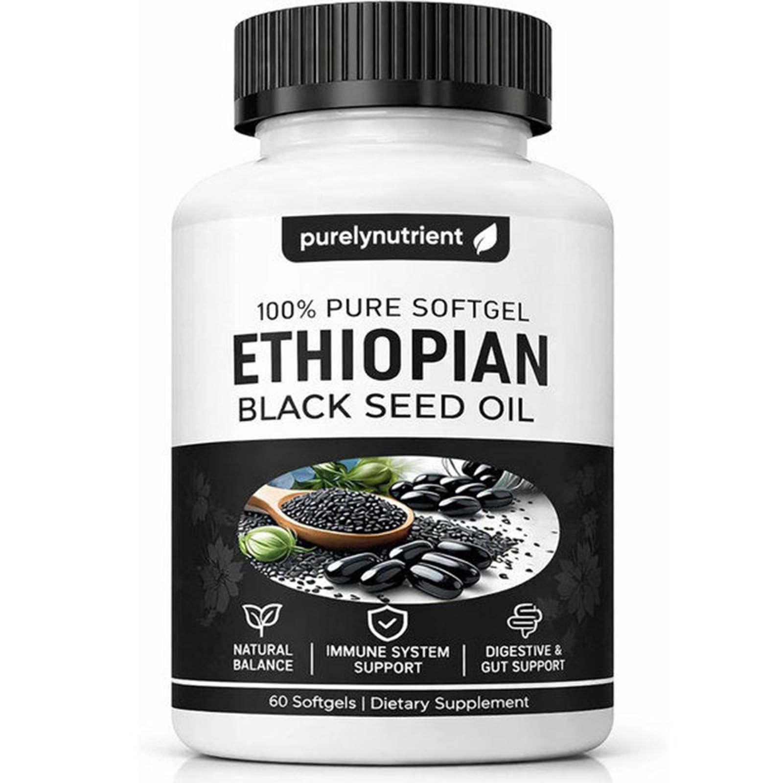 PURELYNUTRIENT frente del envase mostrando 60 softgels y beneficios claros