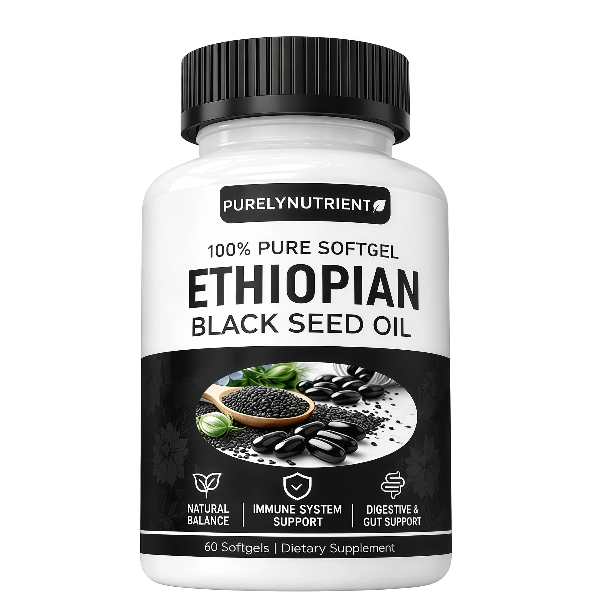 Envase frontal PURELYNUTRIENT mostrando 60 softgels y origen etíope para confianza