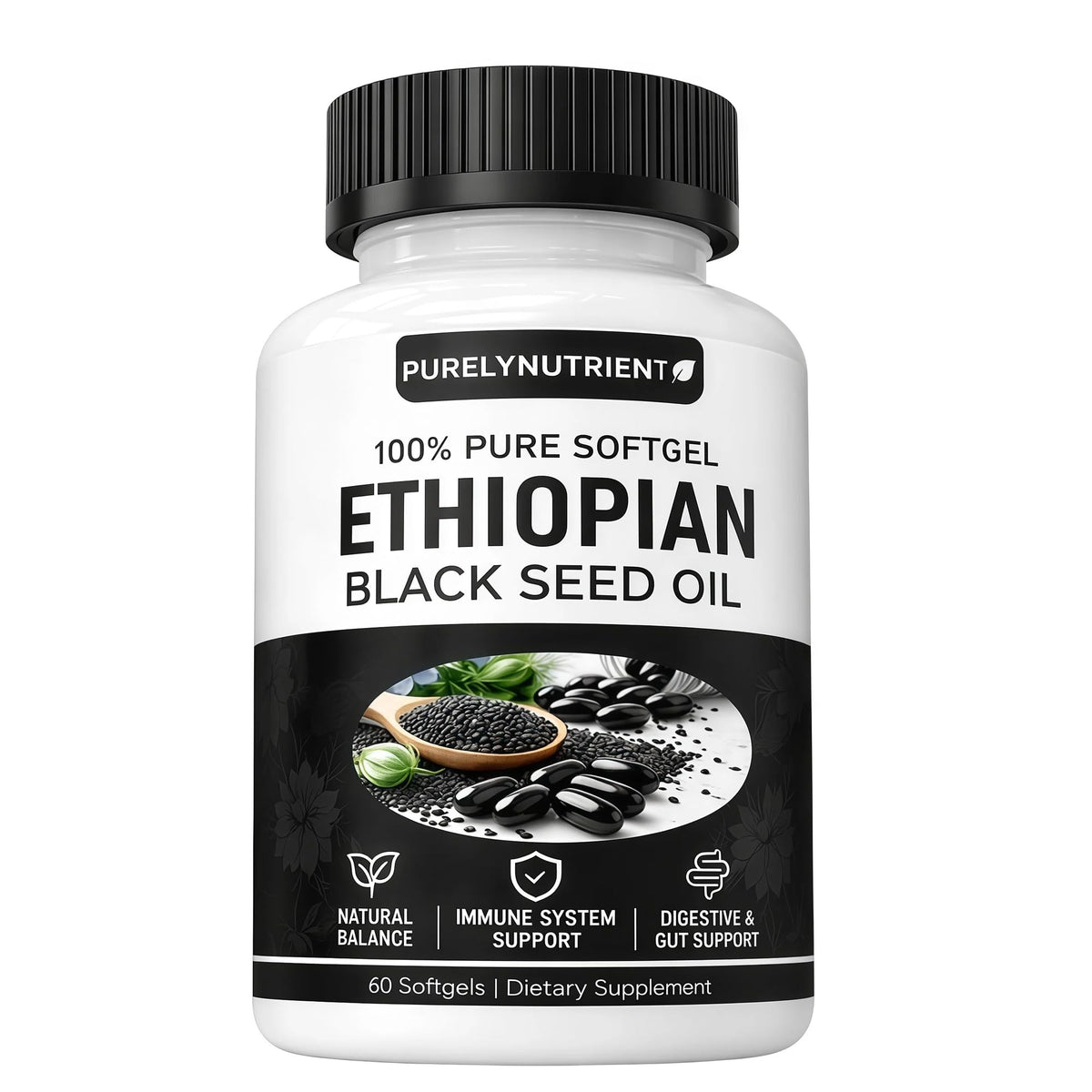 Envase frontal PURELYNUTRIENT mostrando 60 softgels y origen etíope para confianza