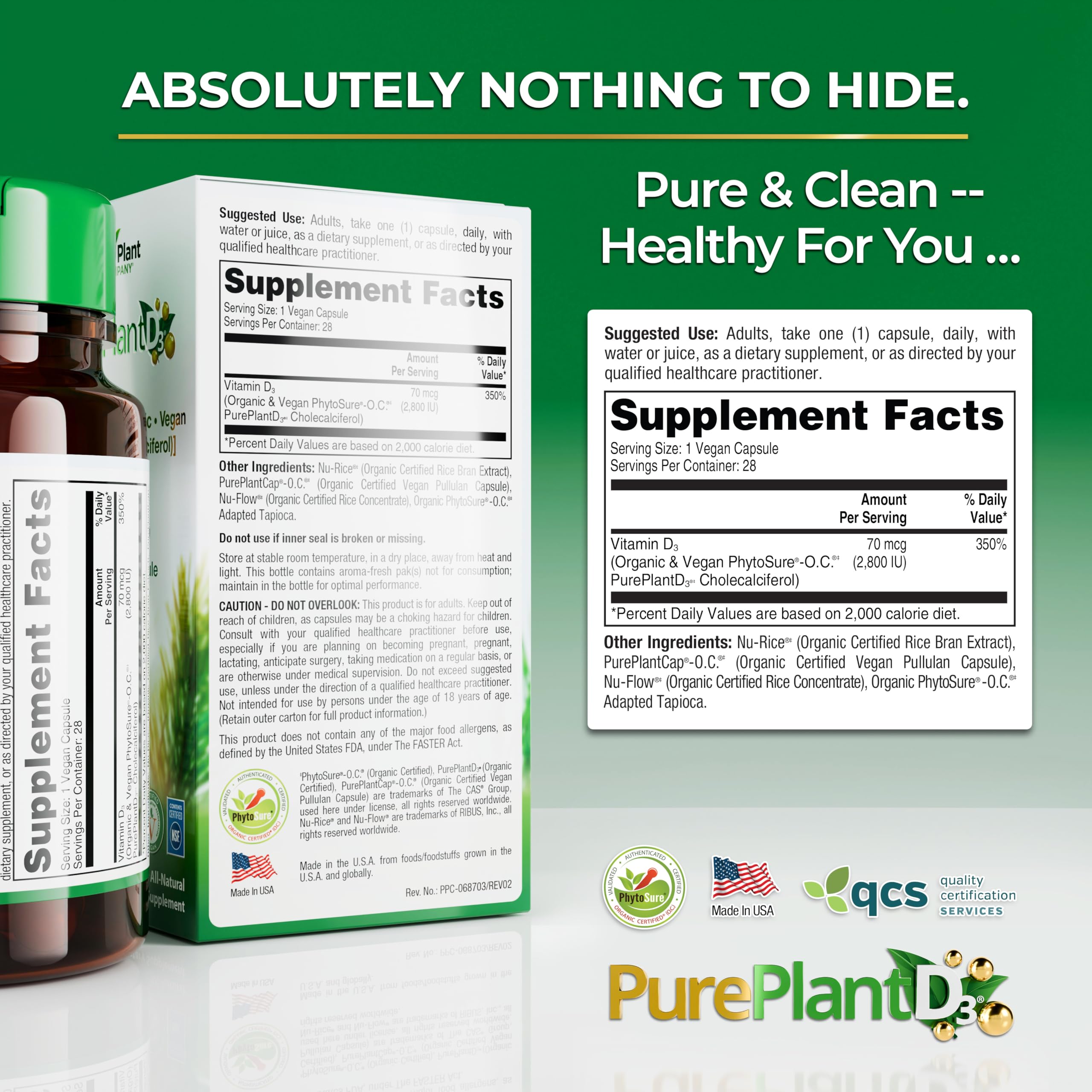The Pure Plant Company cápsulas junto a botella abierta fácil de tomar diariamente