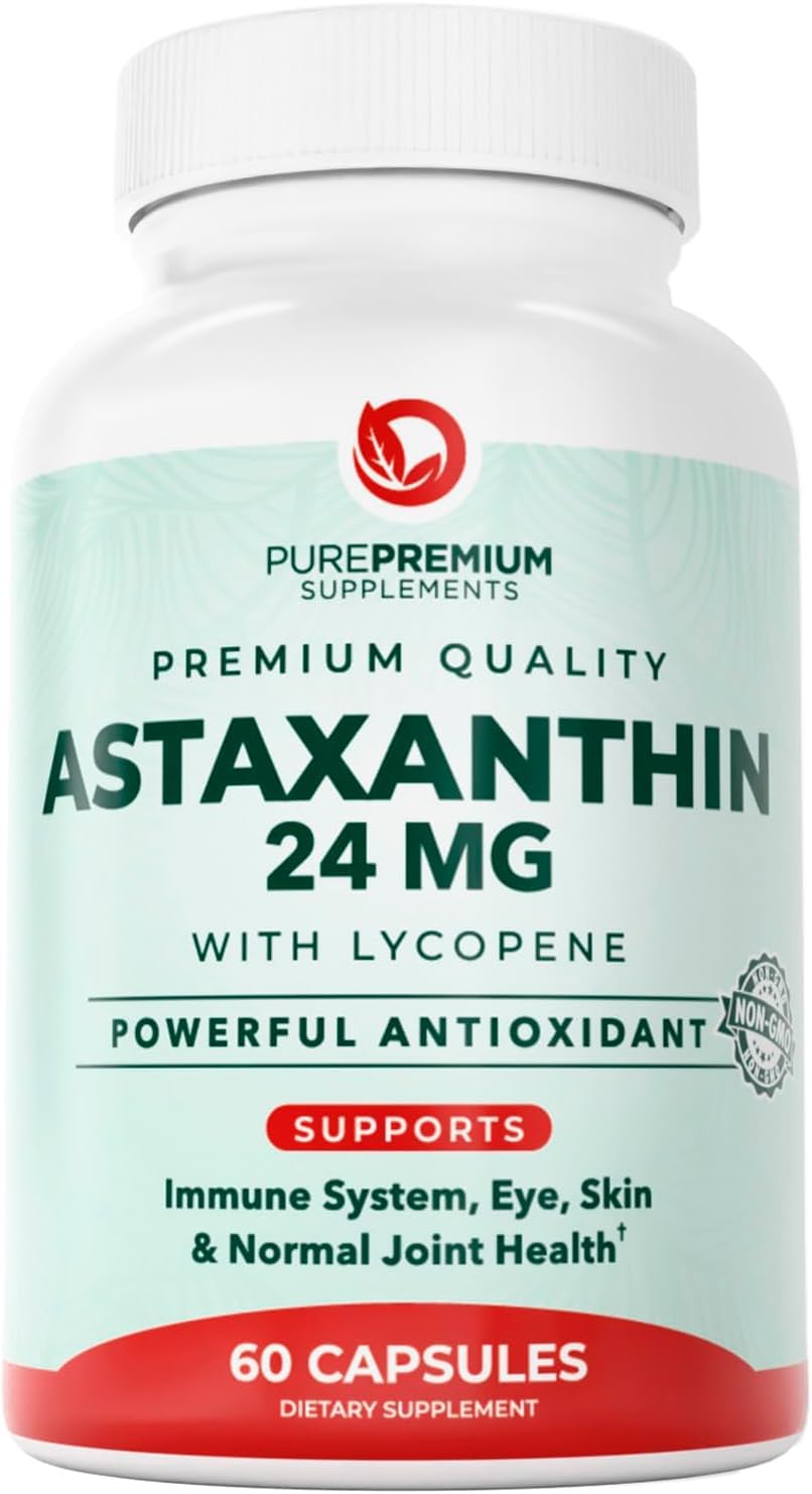 PurePremium astaxanthin vista frontal del envase y beneficios antioxidantes