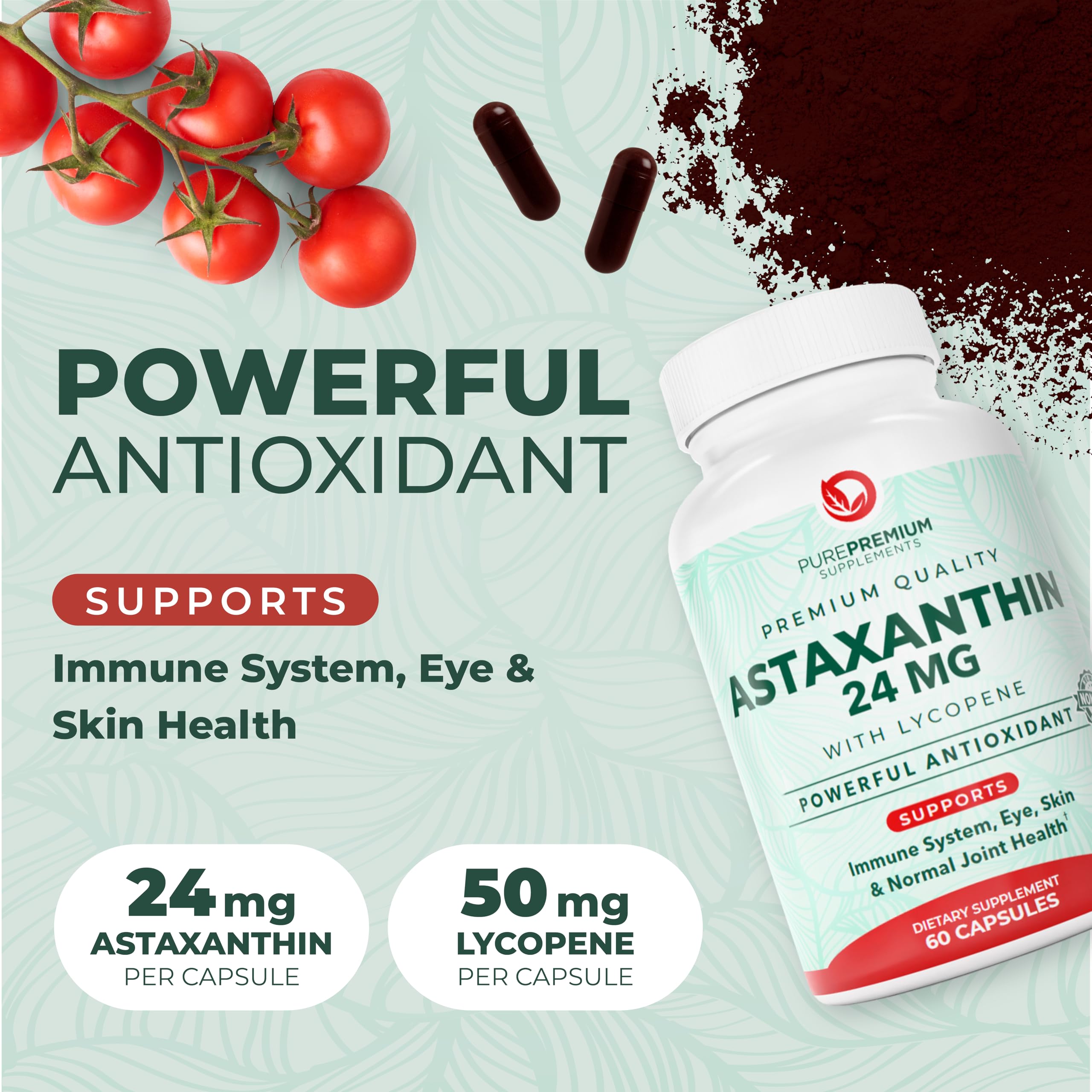 PurePremium astaxanthin cápsula en primer plano mostrando tamaño y facilidad