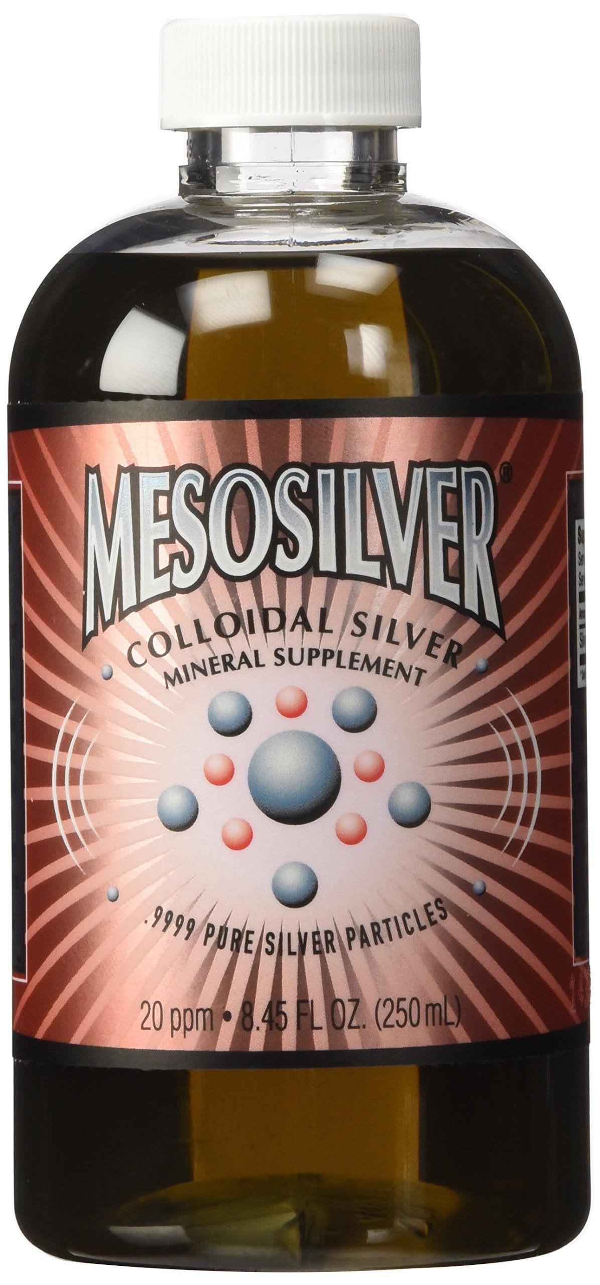 Purest Colloids MesoSilver frasco frontal mostrando etiqueta y volumen 250 mL para identificación clara