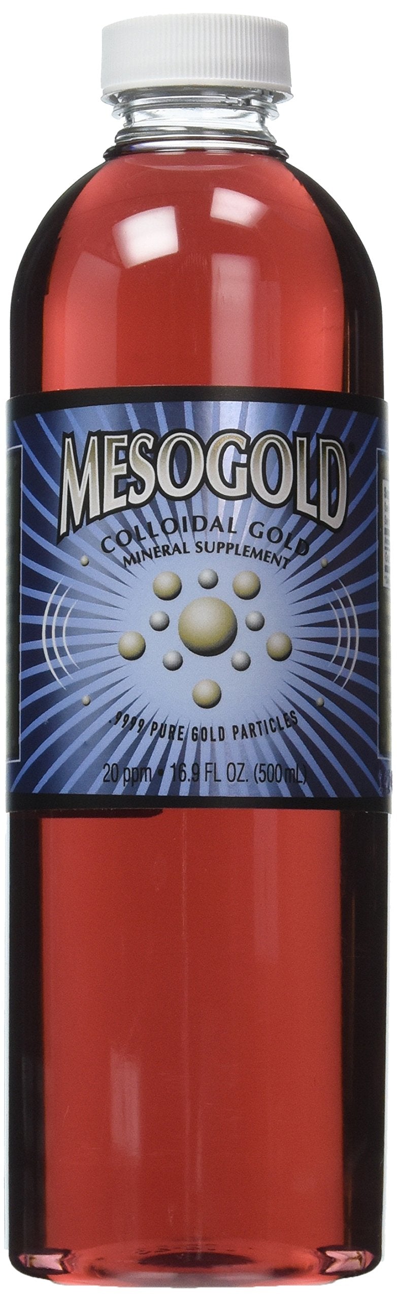 Purest Colloids MesoGold frasco 500 mL mostrando etiqueta clara y ventajas de pureza