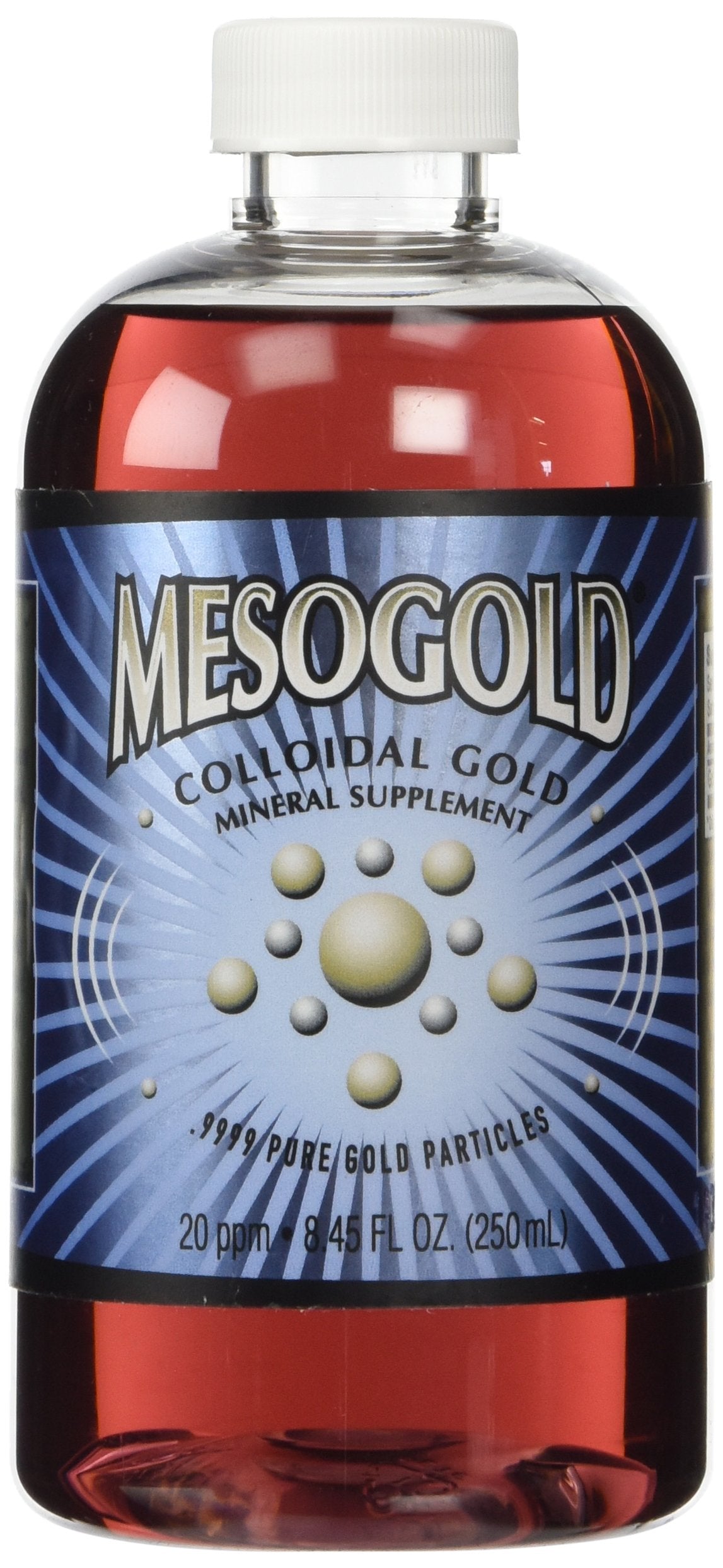 Purest Colloids MesoGold frontal 250 mL mostrando botella y etiqueta clara