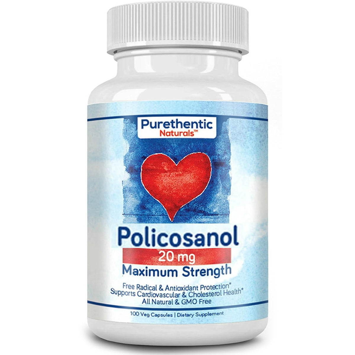 Purethentic Naturals botella frontal de Policosanol, presentación clara y confiable