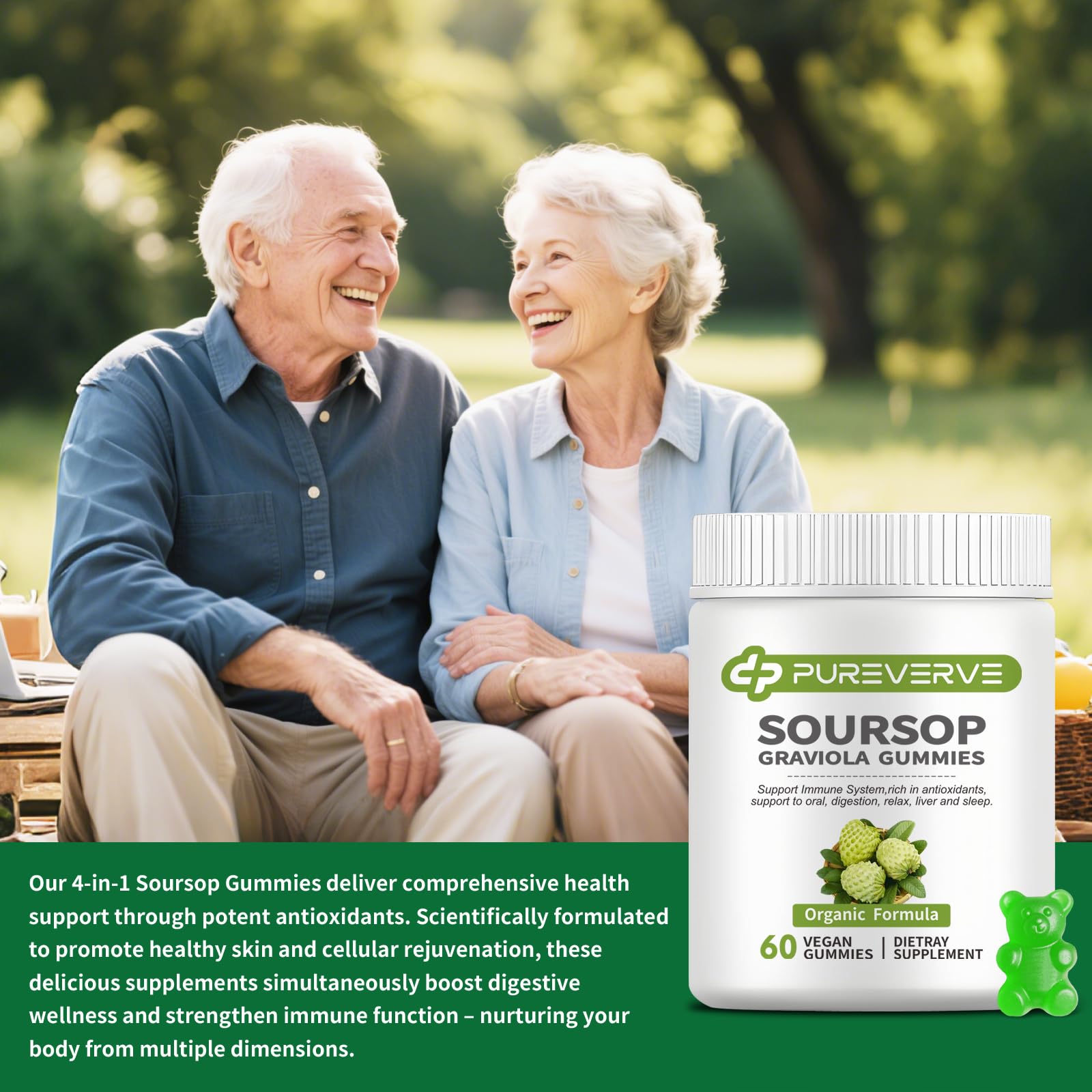 Pureverve sea moss fresco y hojas de soursop que ilustran origen natural