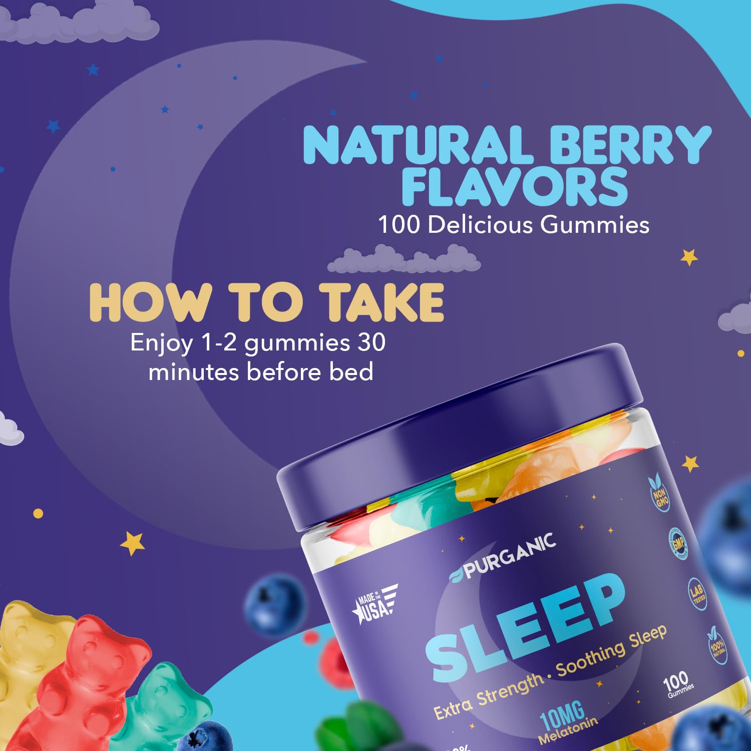 Purganic en uso mano sosteniendo una gomita antes de dormir