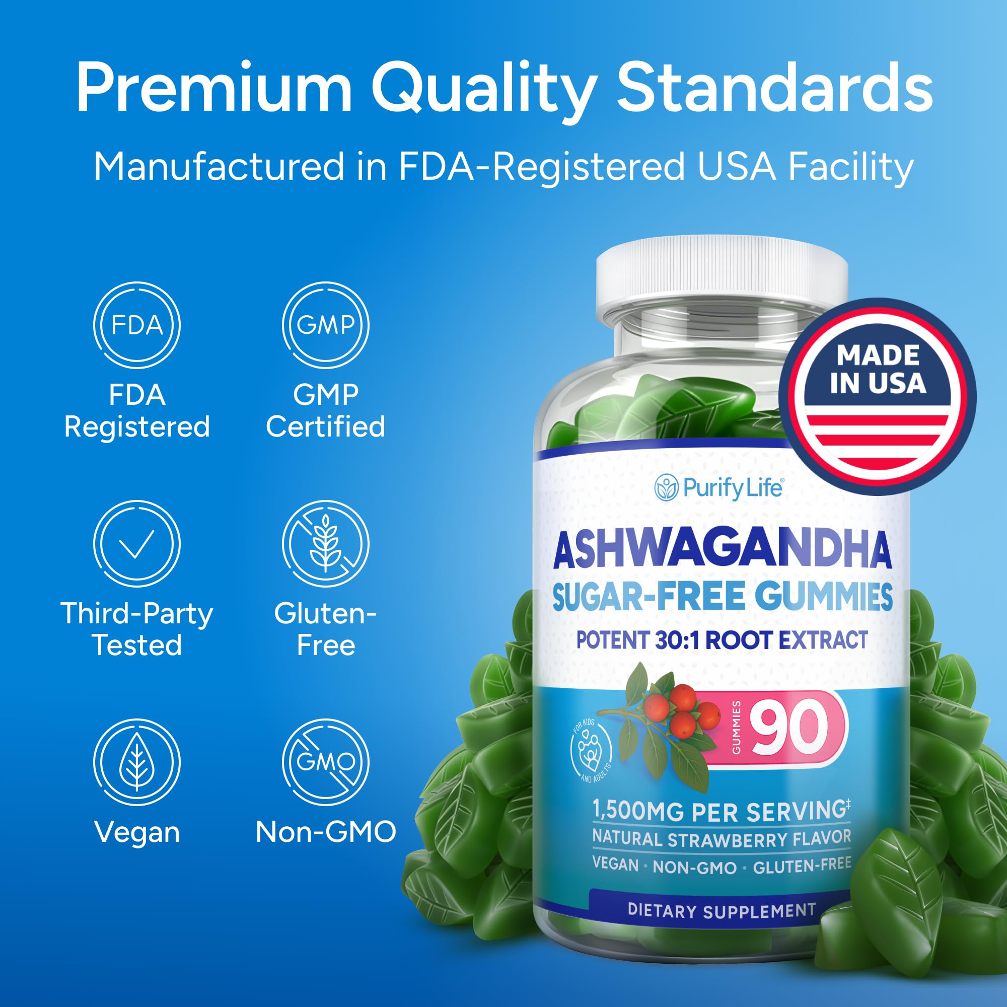 Purify Life sello GMP y "third-party tested" en empaque, beneficio confianza calidad