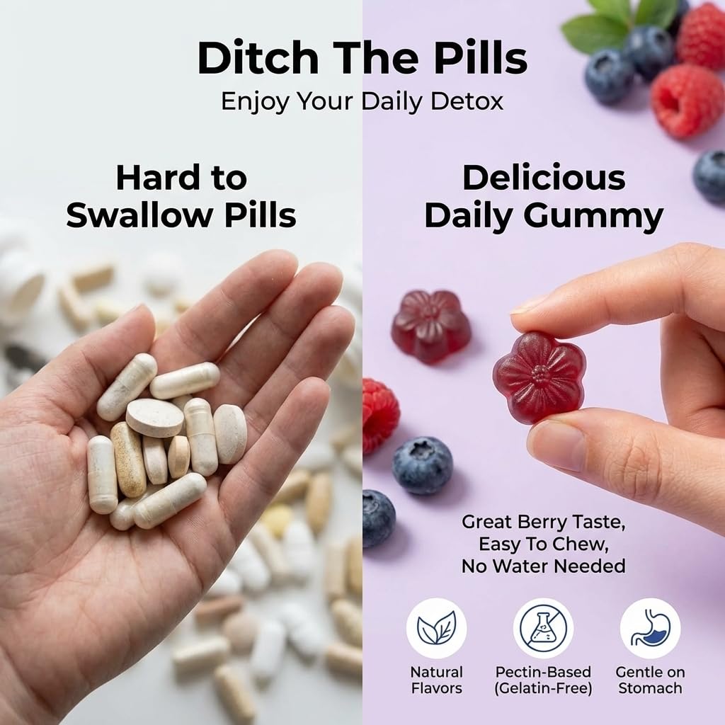 Purify Life gomita en mano para comparar tamaño y dosificación práctica