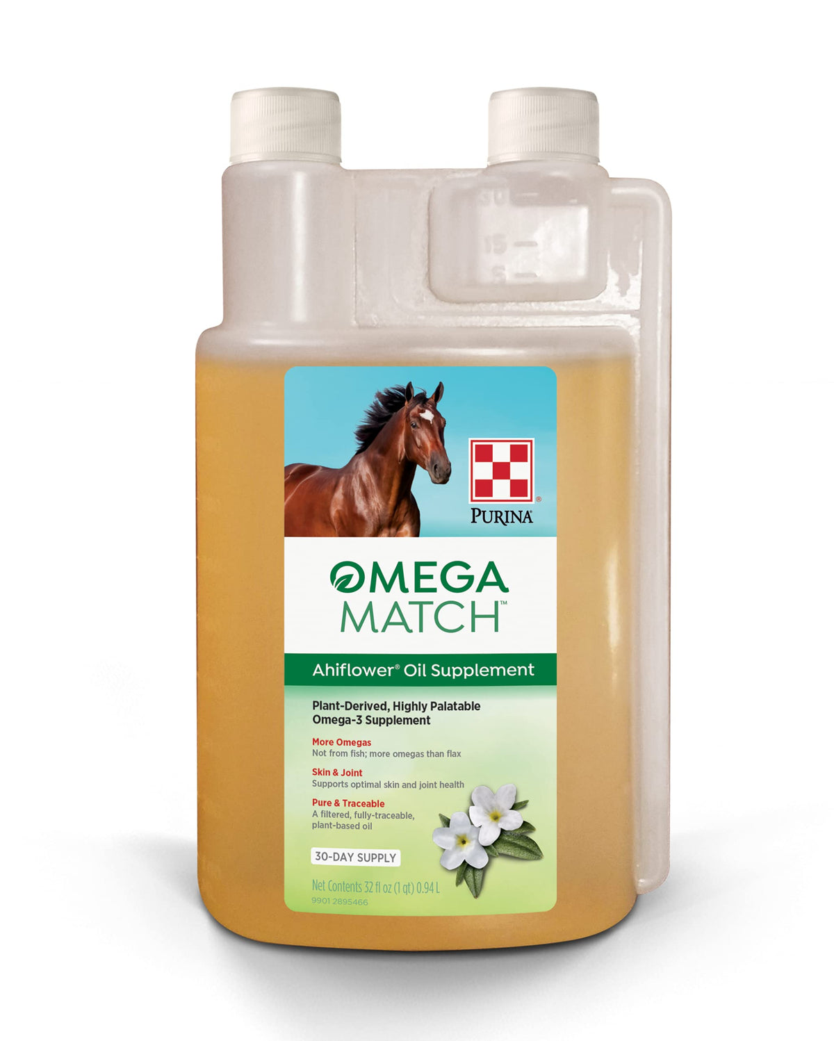 Purina Omega Match botella frontal mostrando etiqueta y contenido, mejora el pelaje