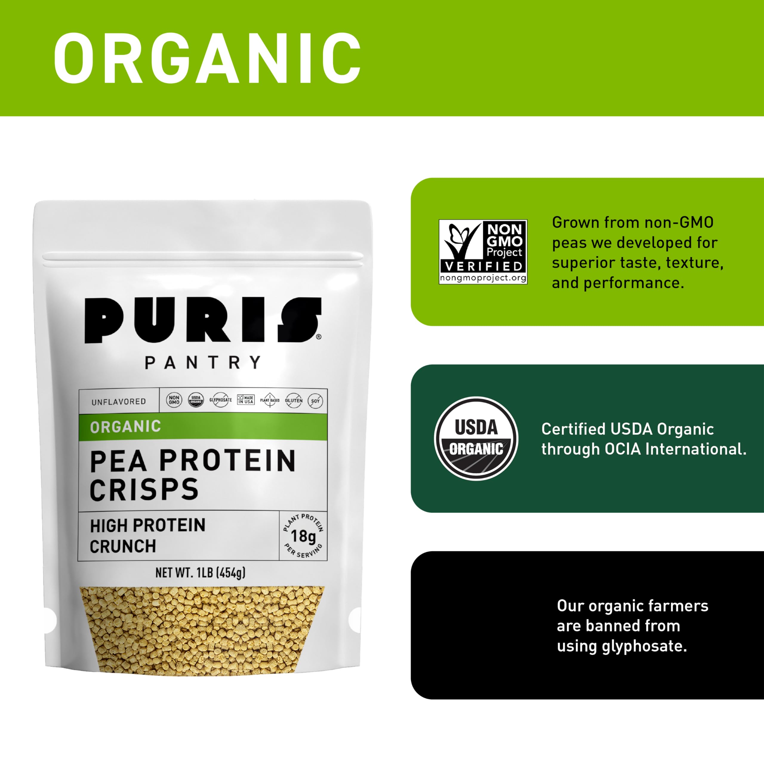 PURIS etiqueta nutricional enfocada en 18 g proteína y 7 g carbohidratos