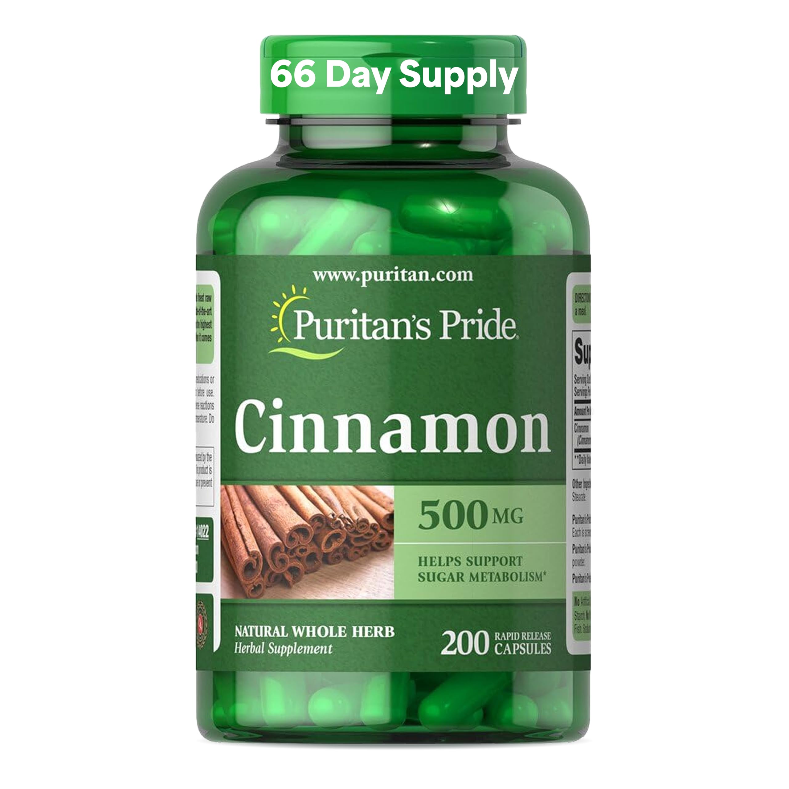 Puritan's Pride frasco frontal de canela 500 mg muestra presentación y conveniencia