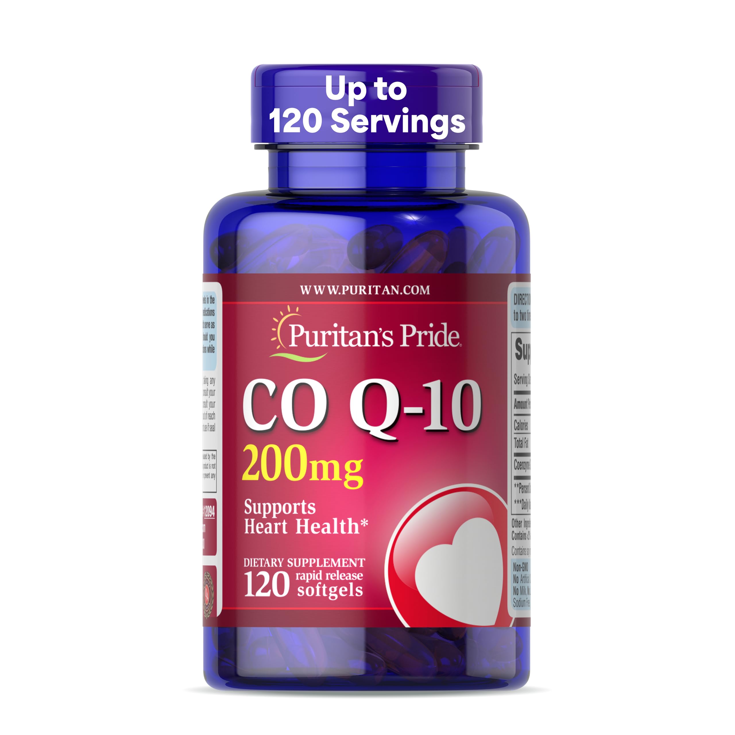 Puritan's Pride frasco frontal CoQ10 200 mg mostrando etiqueta y cantidad