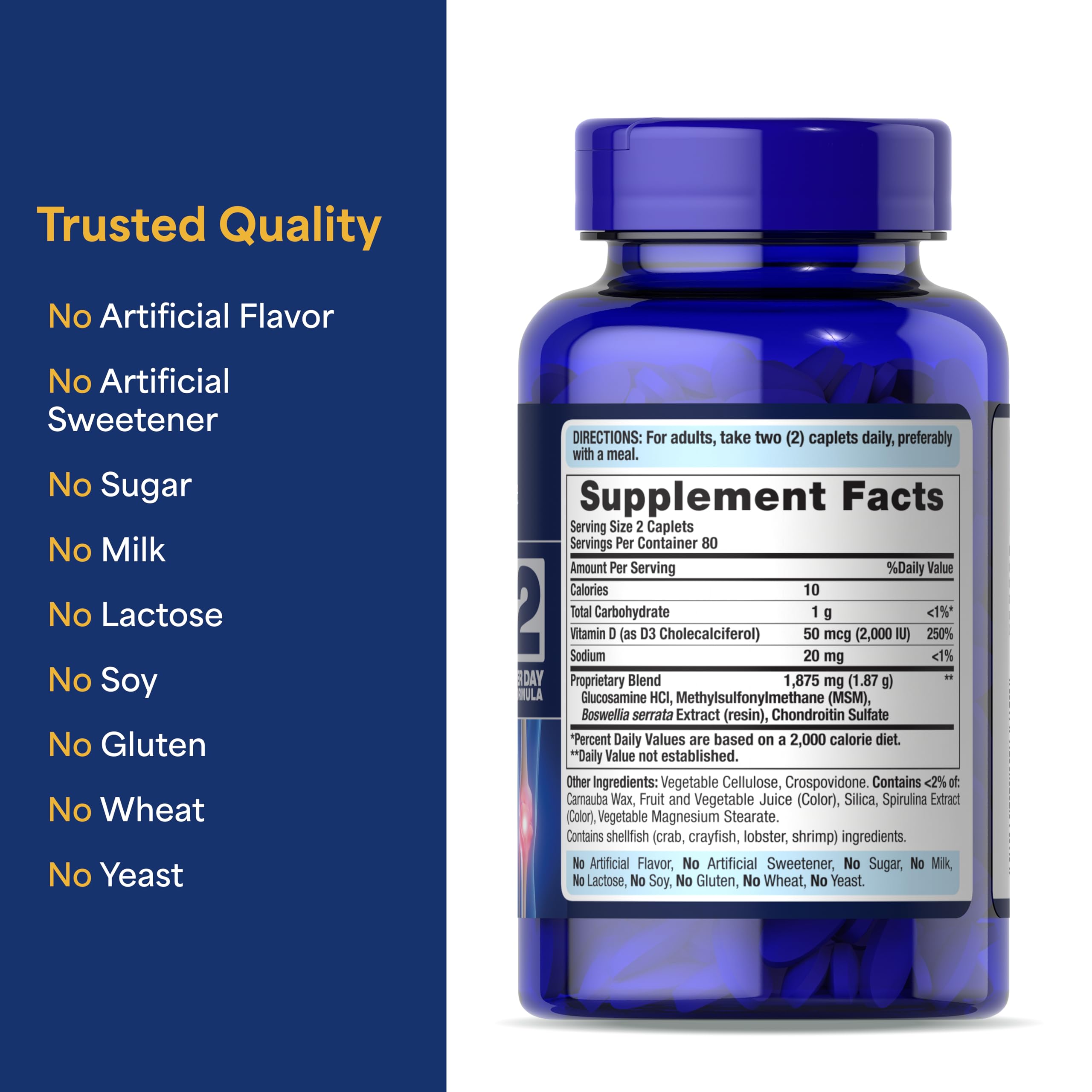 Puritan's Pride comprimidos junto a un vaso de agua y desayuno para tomar fácilmente