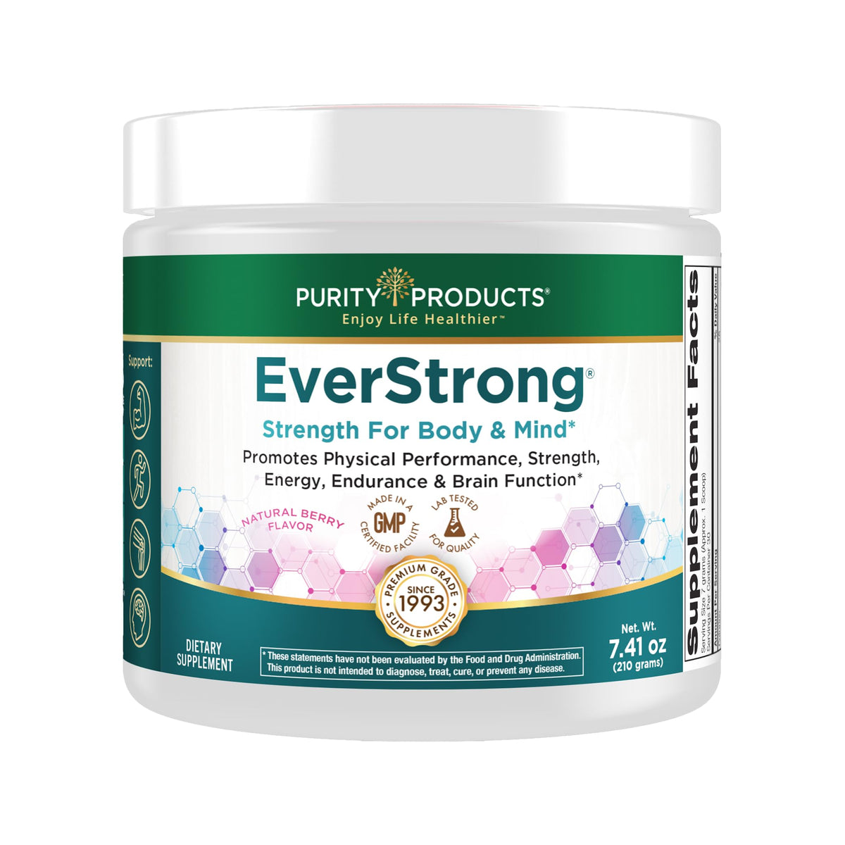 Purity Products envase frontal mostrando EverStrong y beneficio fuerza
