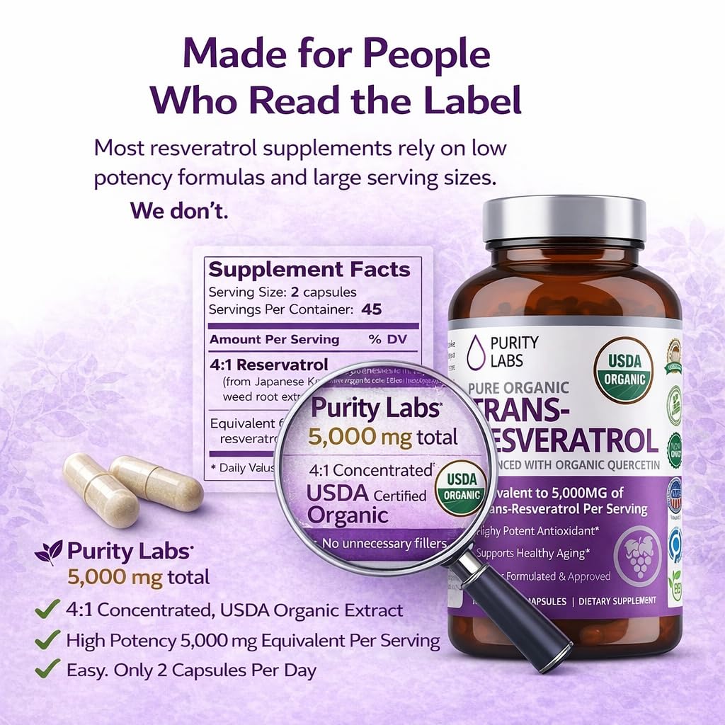 Purity Labs etiqueta con lista de ingredientes y certificaciones visibles