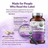 Purity Labs etiqueta con lista de ingredientes y certificaciones visibles