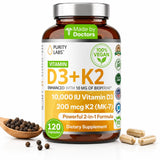 Purity Labs empaque frontal mostrando fórmula D3 K2 y Bioperine, claridad y confianza
