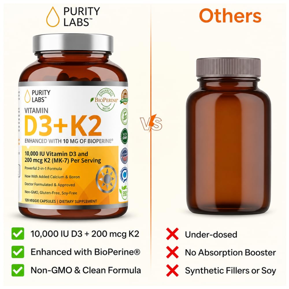 Purity Labs ingredientes primarios D3 K2 Bioperine, enfatiza pureza