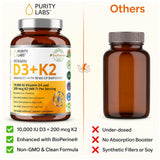 Purity Labs ingredientes primarios D3 K2 Bioperine, enfatiza pureza