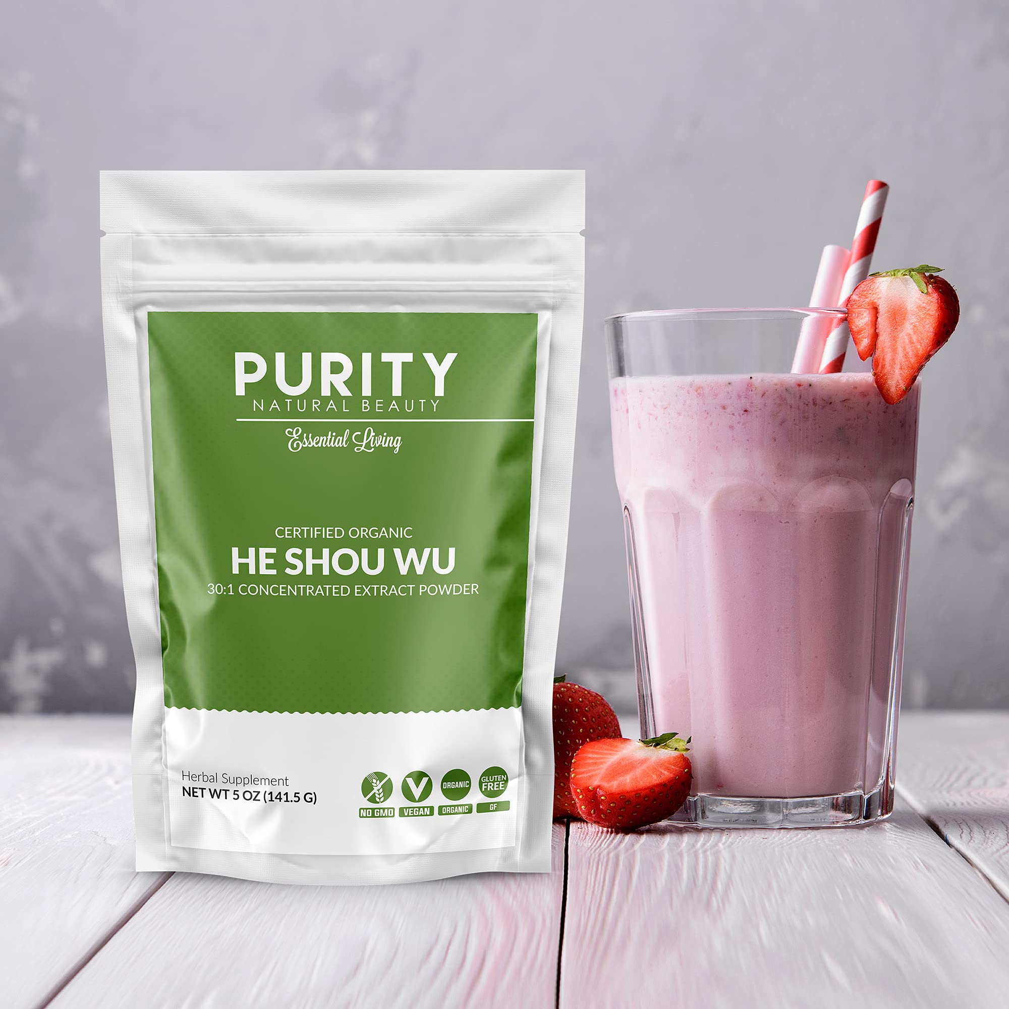 Purity Natural Beauty bolsa de 5 oz junto a objetos para comparar tamaño