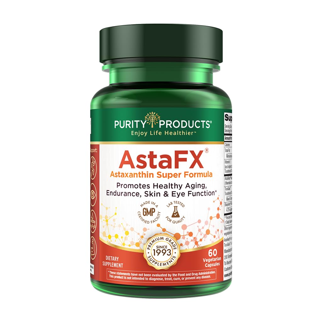 Purity Products AstaFX vista frontal del envase y etiqueta, confianza en calidad