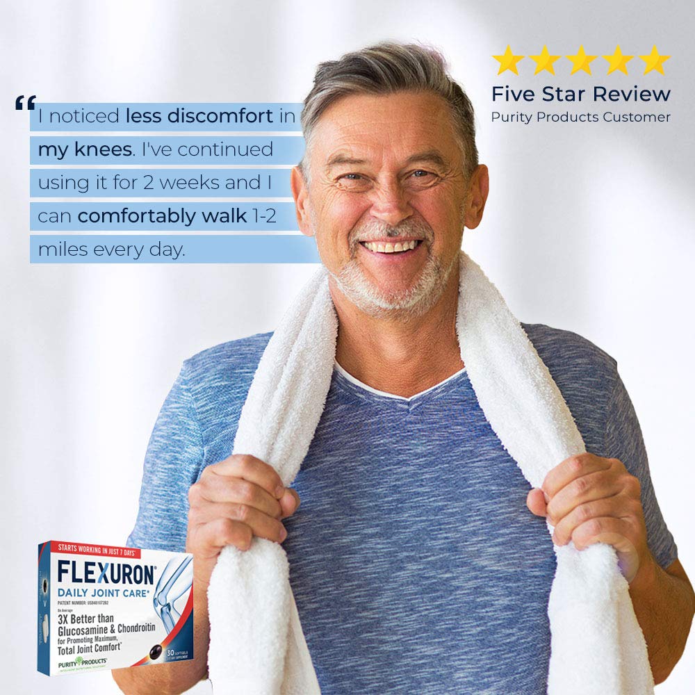 Purity Products Flexuron cápsula en mano para comparar tamaño y facilitar la toma diaria