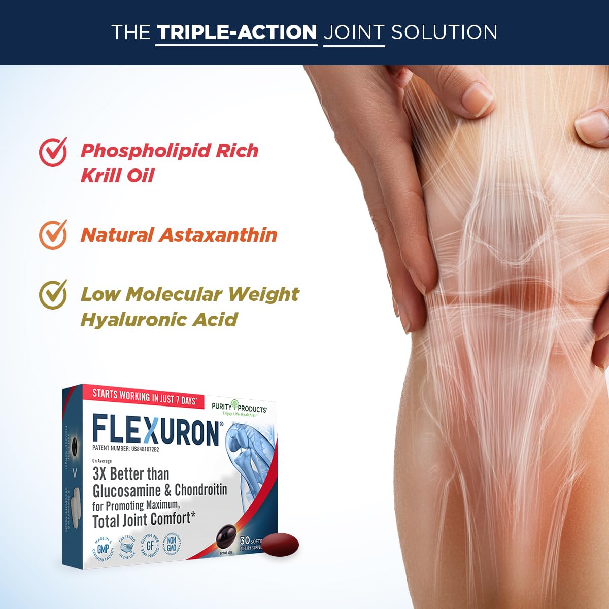 Purity Products Flexuron cápsula en mano para comparar tamaño y practicidad