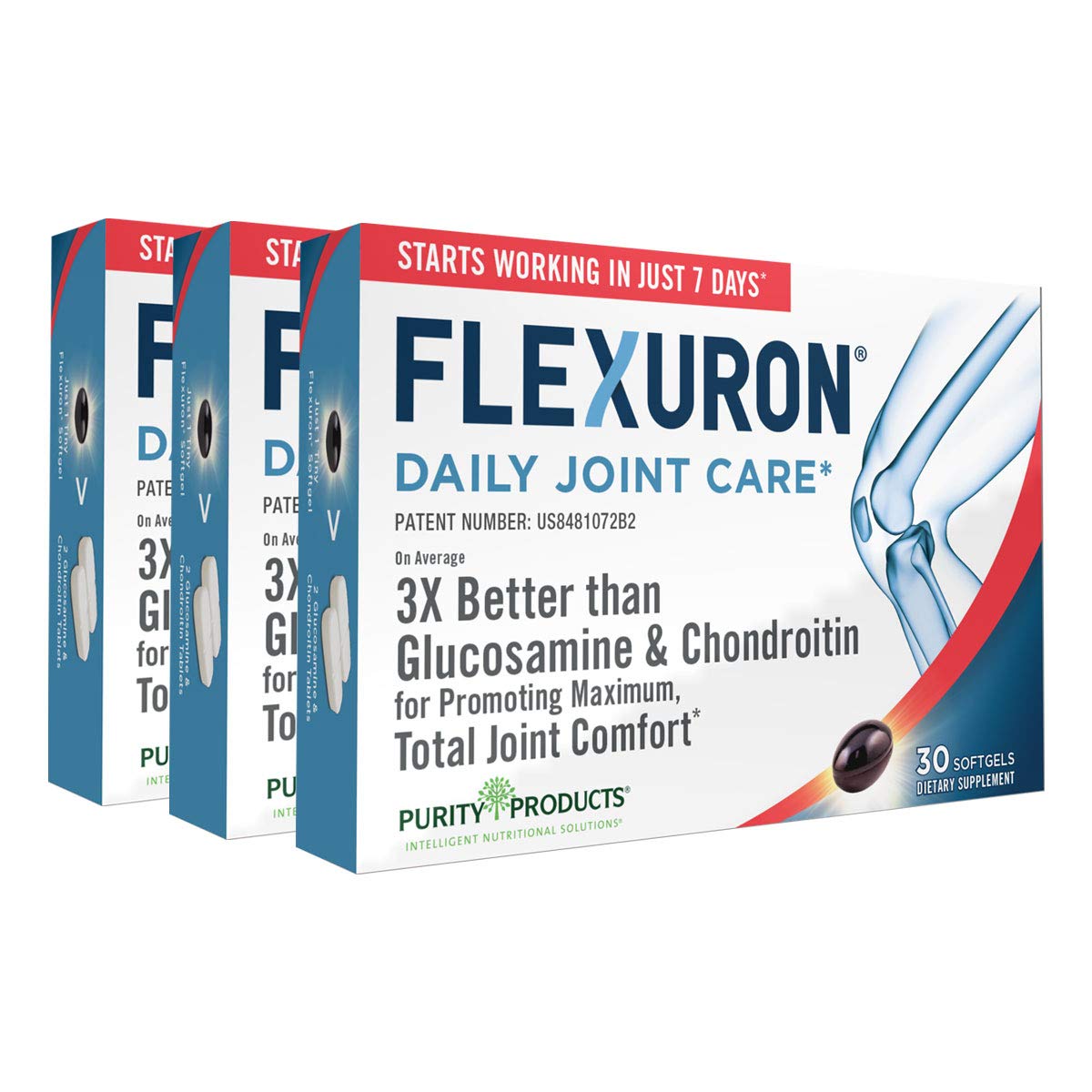 Purity Products Flexuron frente del empaque que muestra la fórmula y beneficio de comodidad articular